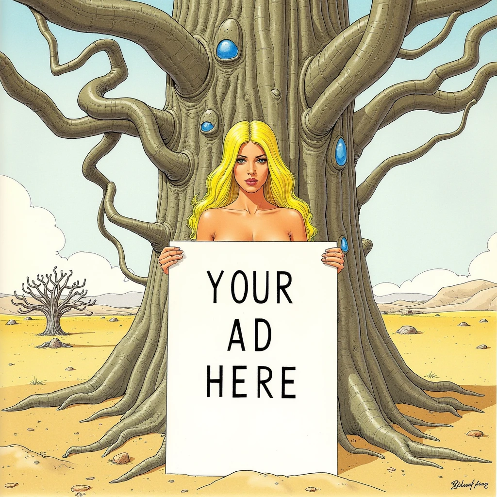 In style of Moebius. A ethereal woman with blonde hair standing behind a large biomechanical tree in a desert, holding a poster with words "YOUR AD HERE". Poster hides her .