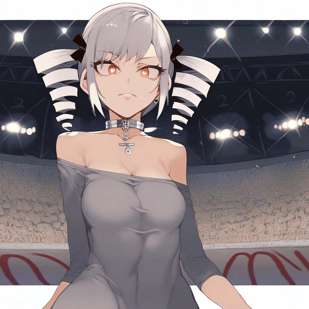 score_9, score_8_up, score_7_up, ASCII masterpiece, source_anime, BREAK, 1girl, solo, (( <lora:kisaki_kurone:1> , kisaki_kurone, beautiful light silver hair, piercing orange eyes, normal waist, wide hips, beautiful skin, drill hair, twin drills, twintails, bangs, clear eyes, bright pupils, beautiful eyes, huge and shaggy breasts, natural beauty, extraordinary beautiful woman, attractive woman, super sexy woman, lustful body, sexy woman with seductive obscene body, sensual body, voluptuous body, sexy beauty, heavy steel collar, venus symbol charm, venus symbol medallion, twin drills with bows, )) , bare shoulders, grey dress, off shoulder, seductive smile, seductive pose, colosseum background, dinamic pose, cute,