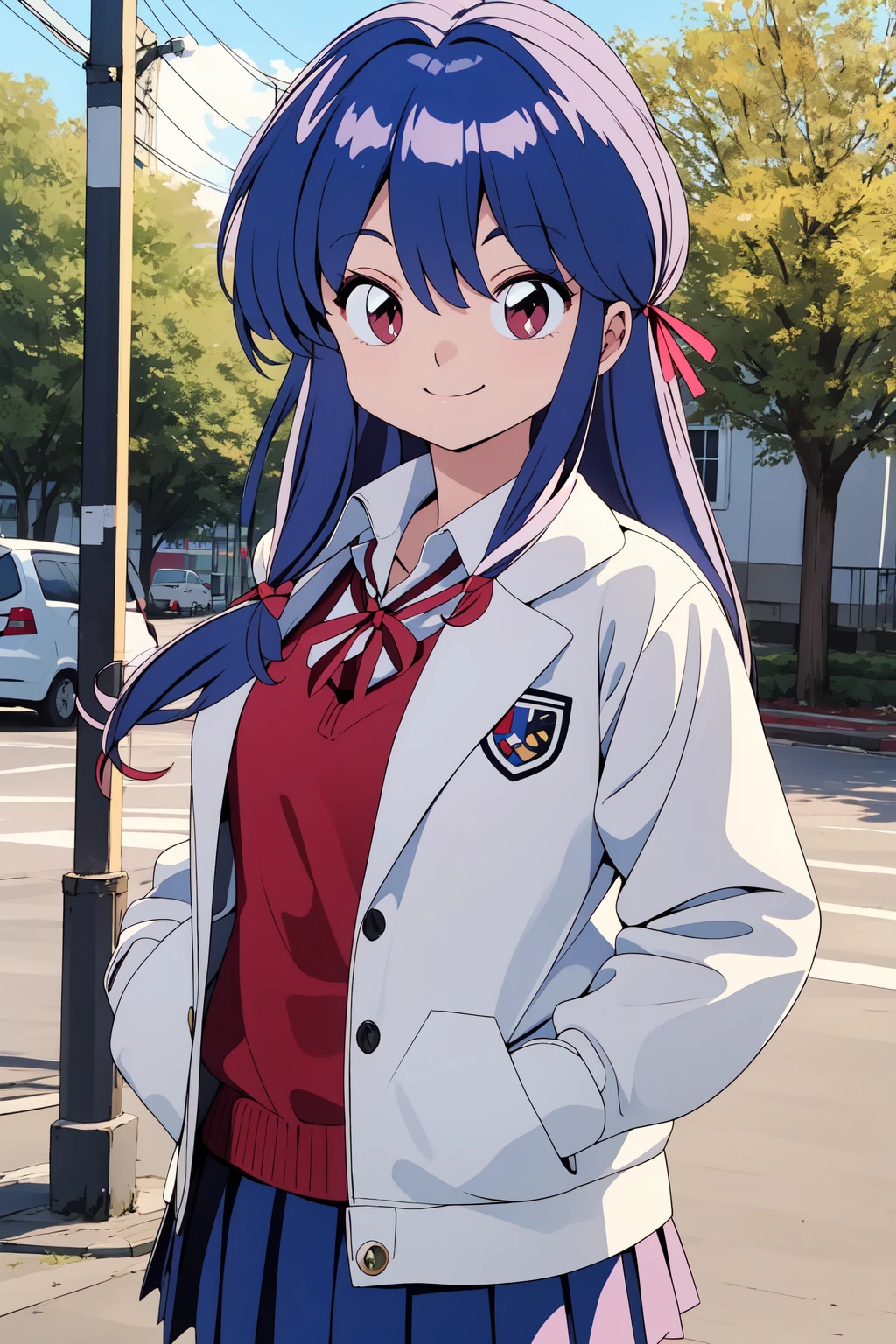 (RAW photo, best quality), 1girl,  natural lighting, smile, outdoor,
 <lora:ranma_shampoo_1_2:1> rm_shampu, school uniform, jacket, ribbon,