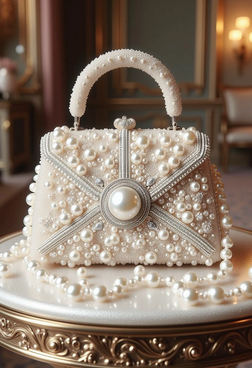 CGI-rendered image showcasing an elegant woman's handbag. The handbag is adorned with a luxurious array of pearls and other embellishments, creating a regal and opulent appearance. The clasp is made of a single pearl, surrounded by silver. The strap is also encrusted with crushed pearls.
It is placed on the surface of an end-table which is pearlescent and reflective, with a background of an opulent parlor room.