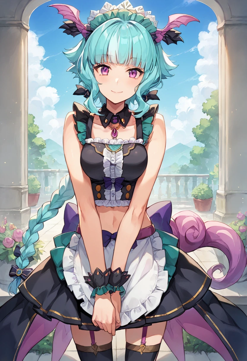 score_9,score_8_up,score_7_up,source_anime,masterpiece,best quality,game cg,1girl,solo,garden,peipain_(show_by_rock!!),aqua hair,purple eyes,long hair,blunt bangs,multicolored hair,aqua braid,aqua single braid,head wings,purple tail,maid headdress,crop top,apron,detached collar,frills,skirt,garter straps,thighhighs,<lora:peipainSB69:0.9>,looking_at_viewer,smile,covering_crotch,cloud,nature,