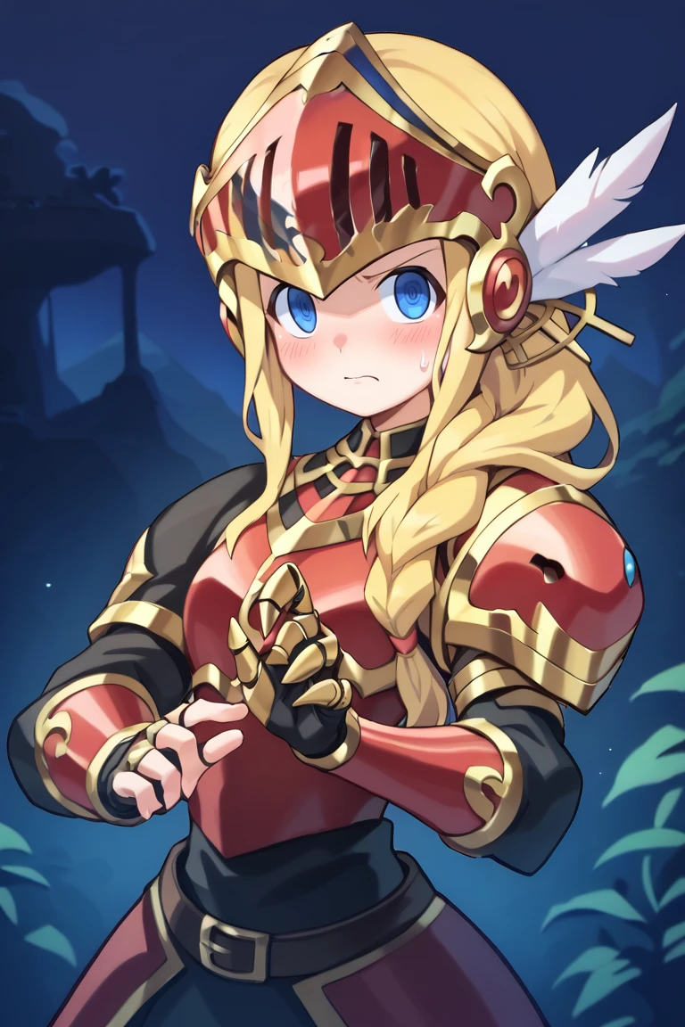 (score_9, score_8_up, score_7_up, score_6_up), source anime, BREAK, <lora:Aegina:0.65> , aegdef, 1girl, blonde hair, long hair, braid, blue eyes, valkyrie, visor (armor), winged helmet, armored dress, armor, gauntlets, tsundere, blush,  closed mouth, looking at viewer, solo,  single braid, <lora:zy_Detailed_Backgrounds_v1:0.5> , detailed background, highly detailed, castle, fortress, night, forest, overgrowth, jungle,    <lora:Beckoning_XLPD:1> , beckoning, reaching towards viewer, <lora:reaganlongPonyXL01_100e_8x1:0.6>