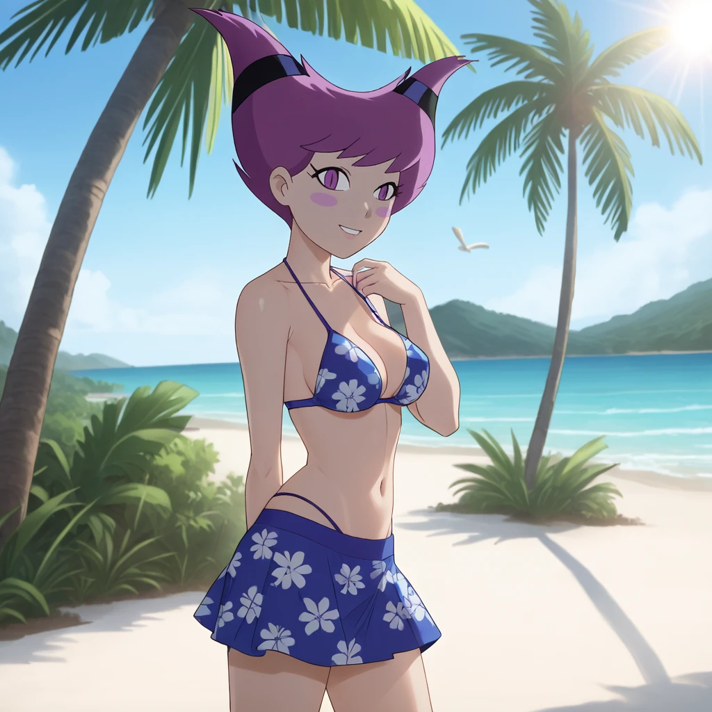 <lora:jinxteentitans_pony_v1:.9> Jinx, 1girl, solo,  purple eyes, purple hair,  horns, blush stickers, short hair, colored skin, medium  breasts,  bedroom,, wearing a bikini, wearing a floral pattern skirt, at a tropical beach, (sunlight), palm trees, flying birds, radiant light, ray tracing, optical flare, sunglare, perfect face, perfect eyes, sharp focus, big breasts