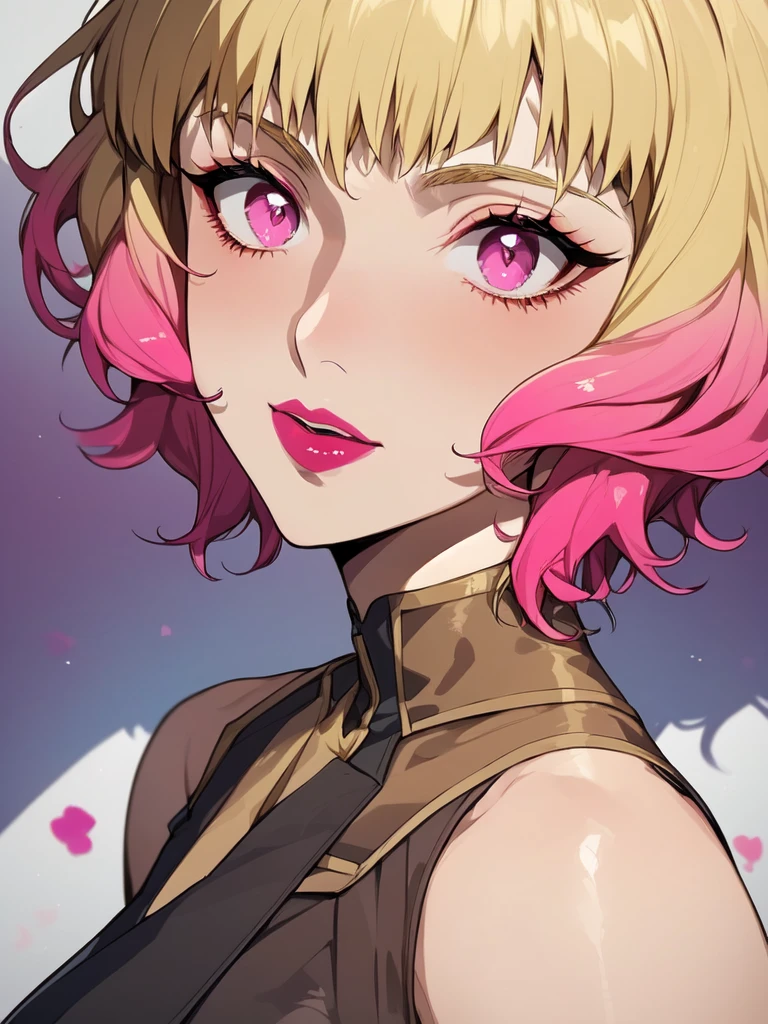 Sofia Louis, 1woman, source_anime, solo, (short hair, blonde hair, pink hair, multicolored hair, gradient hair), pink eyes, makeup, lipstick, pink eyes, blonde eyebrows, 