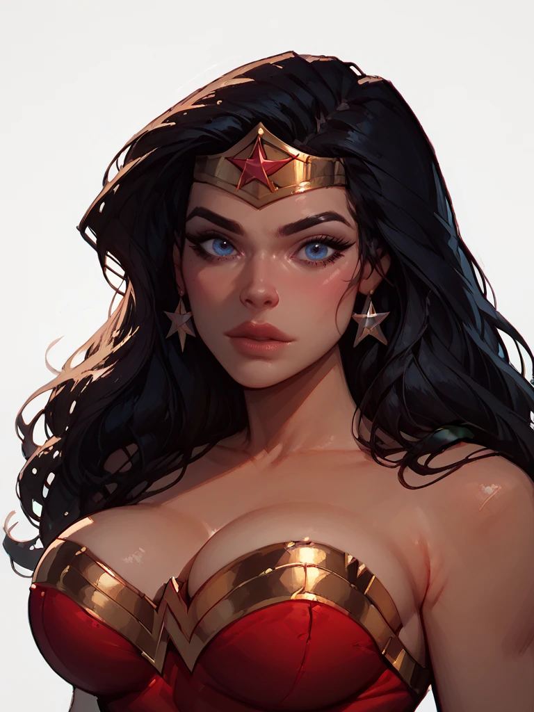 score_9, score_8_up, score_7_up, score_6_up, expressiveh, G0THICPXL,<lora:WonderWoman:1>, WonderWoman, blue eyes, black hair, long hair, large breasts, round breasts, portrait, hero costume, crown, face focus, front view, sultry look, sexy pose, white background, <lora:Expressive_H:0.45> <lora:g0th1cPXL:0.45>  <lora:incase-ilff-v3-4:0.5> <lora:Anna4:0.4><lora:Round_Breasts_XL_XV7:1>