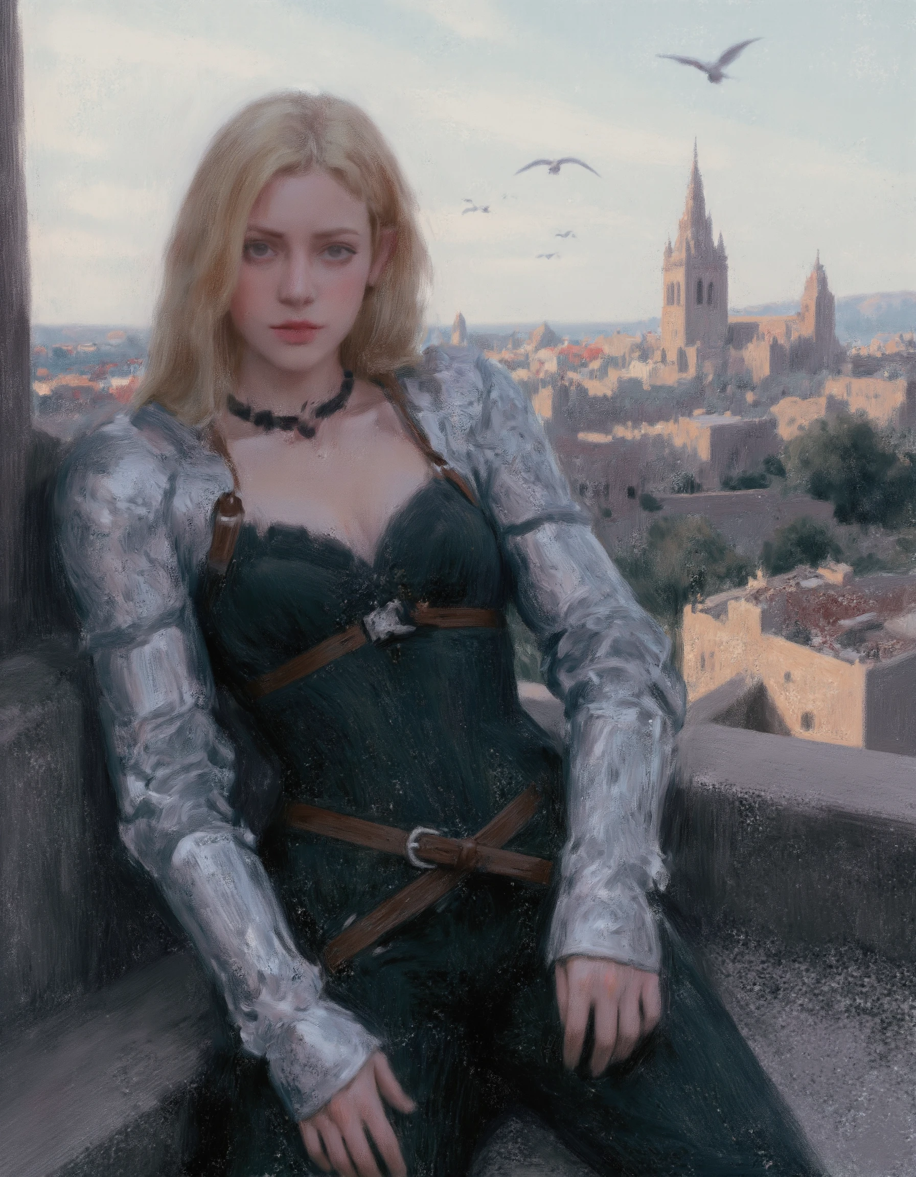 huaishen painting of a woman with long, blond hair sitting on a ledge with a city in the background. She is wearing a dark green corset with brown leather straps and buckles, along with dark pants. She has silver armor on her arms and legs, with ornate floral designs etched into the metal. The armor on her arms covers her shoulders and extends down to her hands, while the armor on her legs covers her thighs and extends down to her feet. She has a black choker around her neck with a silver buckle. The woman's gaze is directed slightly downward and to the right, with a neutral expression on her face. In the background, a medieval-style city stretches out with numerous buildings, churches, and towers. A flock of birds is flying in the sky above the city. The overall lighting suggests a late afternoon or early evening setting, with warm tones cast on the buildings and the woman's armor. The ledge she is sitting on appears to be part of a larger structure, possibly a castle or a wall, with a glimpse of its architectural details visible behind her. The city in the background is depicted with a level of detail that suggests a bustling and lively atmosphere, with various architectural styles and a mix of residential and religious buildings.<lora:Wral:1>