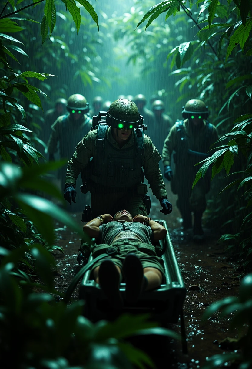 In a dense, rain-soaked jungle, a team of US Colonial Marines extracts a wounded comrade under the cover of night, depicted in breathtaking photorealism. The lush, dark foliage presses in from all sides, the thick undergrowth glistening with moisture as rain pours down in sheets. The Marines, their armor camouflaged and slick with rain, move with urgent precision, their faces set in grim determination. The scene is illuminated by the soft, green glow of their night-vision goggles, which cast an eerie light across the wet leaves and muddy ground. The focal point is the wounded Marine on a stretcher, his pained expression partially hidden by the rain and shadows. The photorealistic rendering captures the tension of the moment, with every raindrop, leaf, and piece of gear meticulously detailed. The dense jungle environment adds a layer of claustrophobia, as the Marines’ every movement is muffled by the sound of the rain and the distant, ominous noises of the jungle.