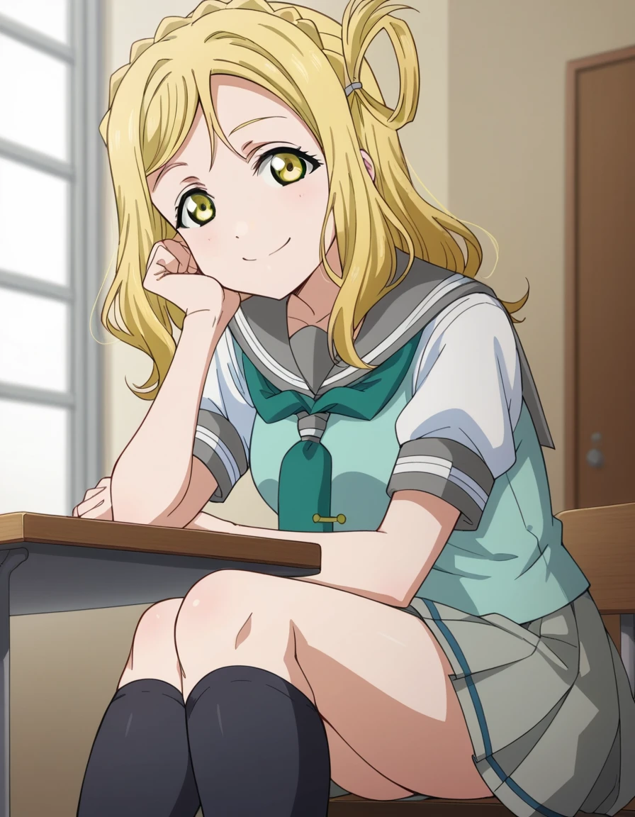 score_9, score_8_up, score_7_up, source_anime, <lora:mari-ohara-s2-ponyxl-lora-nochekaiser:1>, mari ohara, long hair, bangs, blonde hair, hair ornament, yellow eyes, braid, medium hair, hair rings, crown braid,, skirt, school uniform, short sleeves, pleated skirt, serafuku, socks, neckerchief, kneehighs, black socks, green neckerchief, grey skirt, uranohoshi school uniform,, indoors, smile, looking at viewer, solo, sitting, head rest, table,, cowboy shot, dutch angle