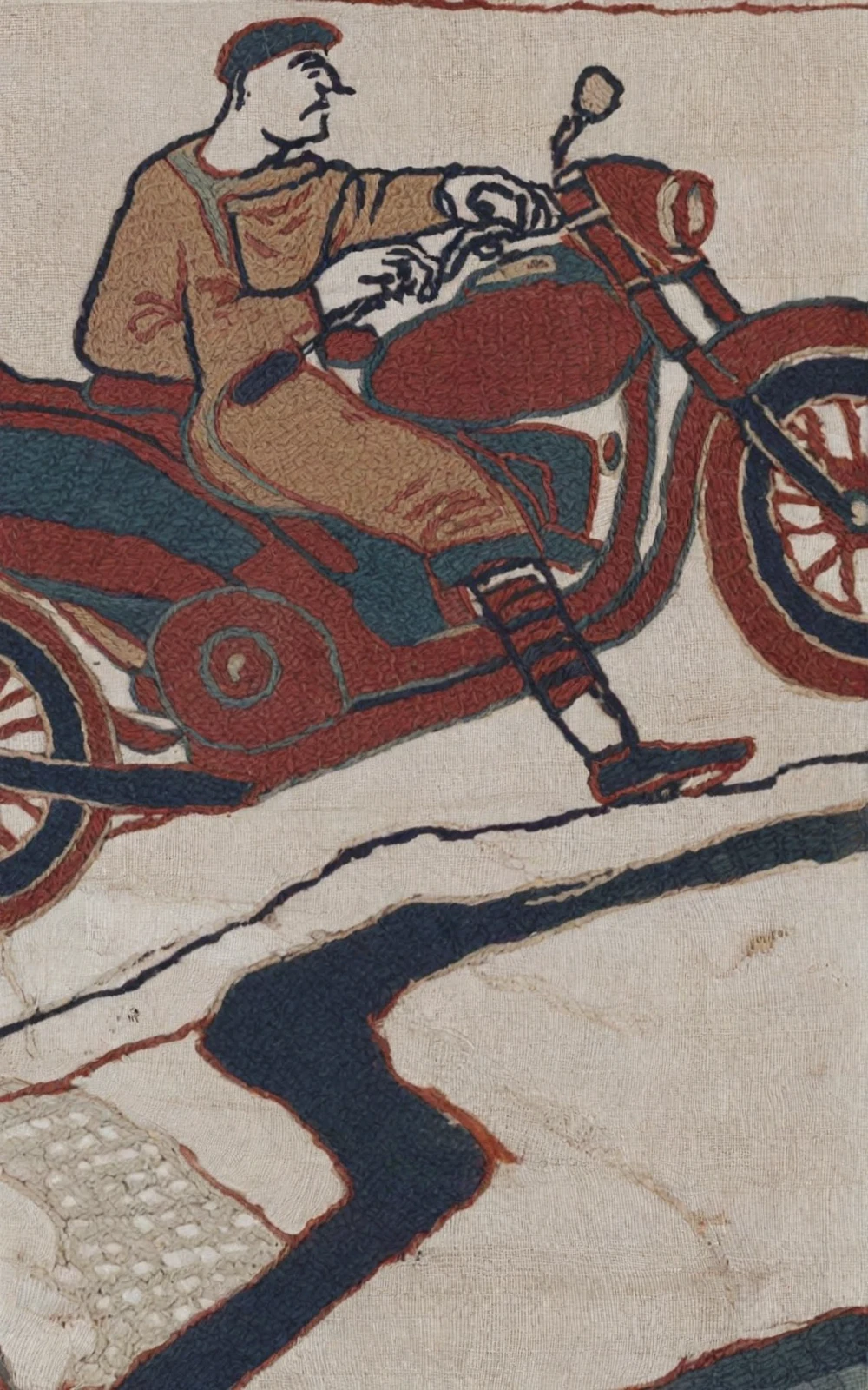 <lora:bayeux_pony_v1:1> bayeux, bayeux tapestry, an embroidered tapestry showing a red motorcycle driving down a road, score_9, score_6_up, score_7_up