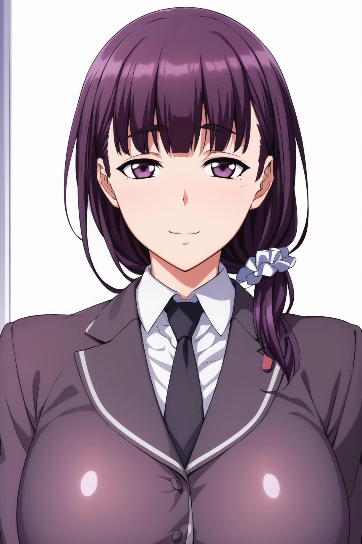 Simple Background,(White_Background:1.1),
dynamic pose,standing at attention,
school uniform, Black jacket, collared shirt, black necktie,long sleeves, 
<lora:Hazuki_Morikawa_Justbecause-KK77-V1:0.7>,
purple eyes, purple hair,Long hair,single braid,  blunt bangs, White hair scrunchie,
<lora:more_details:0.1>,<lora:NovelAI_YesMix5_KKStyle-KK77-Yes5-V1:0.3>,<lora:Oda_Non_Style2-KK77-Yes5-V1:0.3>,
1 girl, 20yo,Young female,Beautiful long legs,Beautiful body,
Beautiful Nose,Beautiful character design, perfect eyes, perfect face,expressive eyes,perfect balance,
looking at viewer,(Focus on her face),closed mouth, (innocent_big_eyes:1.0),(Light_Smile:0.3),
official art,extremely detailed CG unity 8k wallpaper, perfect lighting,Colorful, Bright_Front_face_Lighting,White skin,
(masterpiece:1.0),(best_quality:1.0), ultra high res,4K,ultra-detailed,
photography, 8K, HDR, highres, absurdres:1.2, Kodak portra 400, film grain, blurry background, bokeh:1.2, lens flare, (vibrant_color:1.2),professional photograph,
(Beautiful,large_Breasts:1.4), (beautiful_face:1.5),(narrow_waist),