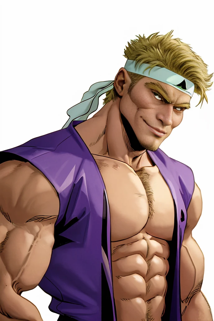 absurdres, portrait, (upper body:1.1), muscular male, simple background, facing viewer, headband, <lora:KuroMomotaroYYH:0.85>, kuromomotaro, open clothes, brown eyes, flexing bicep, blonde hair