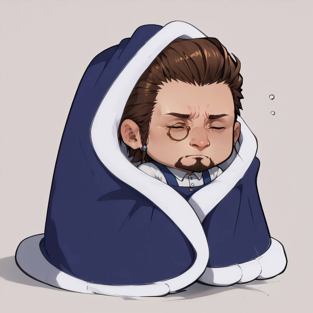 score_9, score_8_up, score_7_up, blanket, under covers, chibi, <lora:CozyBlanket_pdxl_Incrs_v1:1>, sleepy, <lora:clamXIVHildibrand_lycoris:1> Hildibrand, male focus, monocle, facial hair,