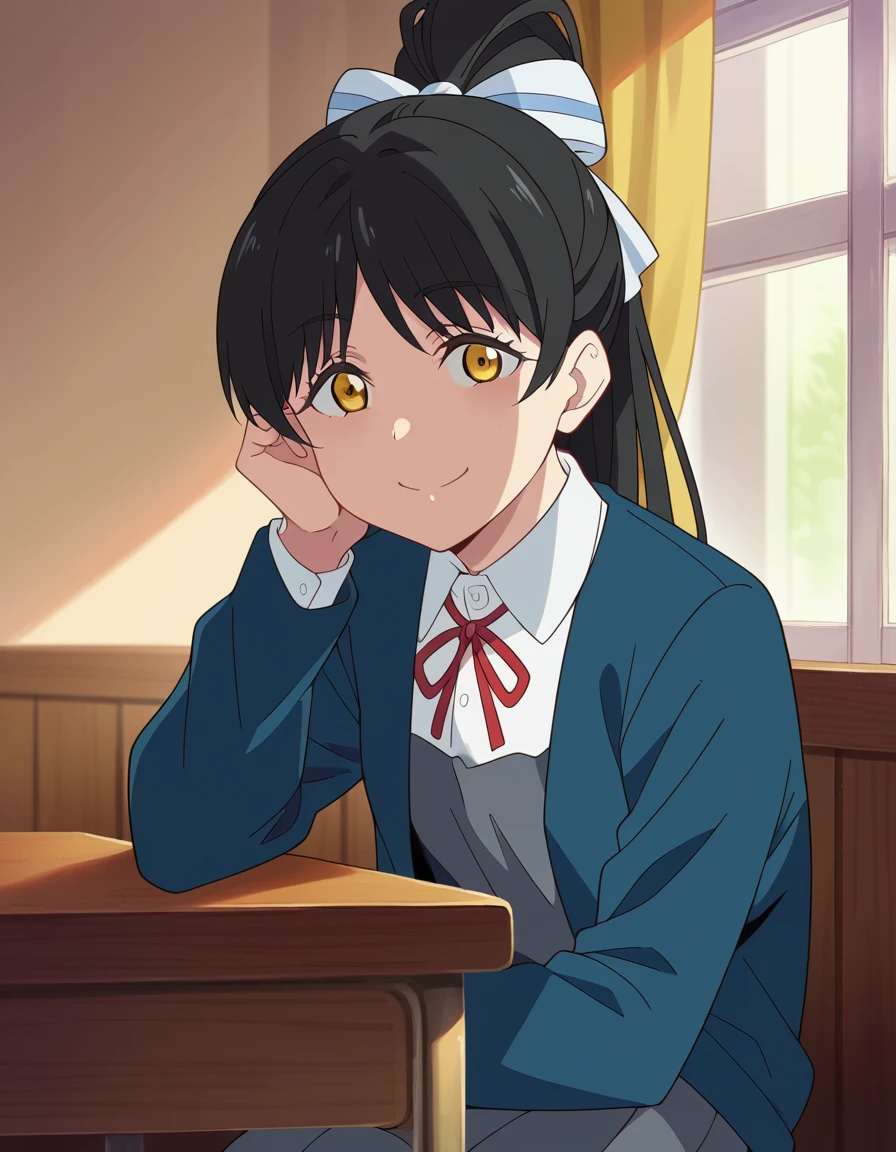 score_9, score_8_up, score_7_up, source_anime, <lora:ren-hazuki-s2-ponyxl-lora-nochekaiser:1>, ren hazuki, long hair, bangs, black hair, bow, yellow eyes, ponytail, hair bow, high ponytail,, shirt, dress, ribbon, school uniform, jacket, white shirt, open clothes, collared shirt, open jacket, red ribbon, neck ribbon, blue jacket, pinafore dress, grey dress, yuigaoka school uniform,, indoors, smile, looking at viewer, solo, sitting, head rest, table,, cowboy shot, dutch angle