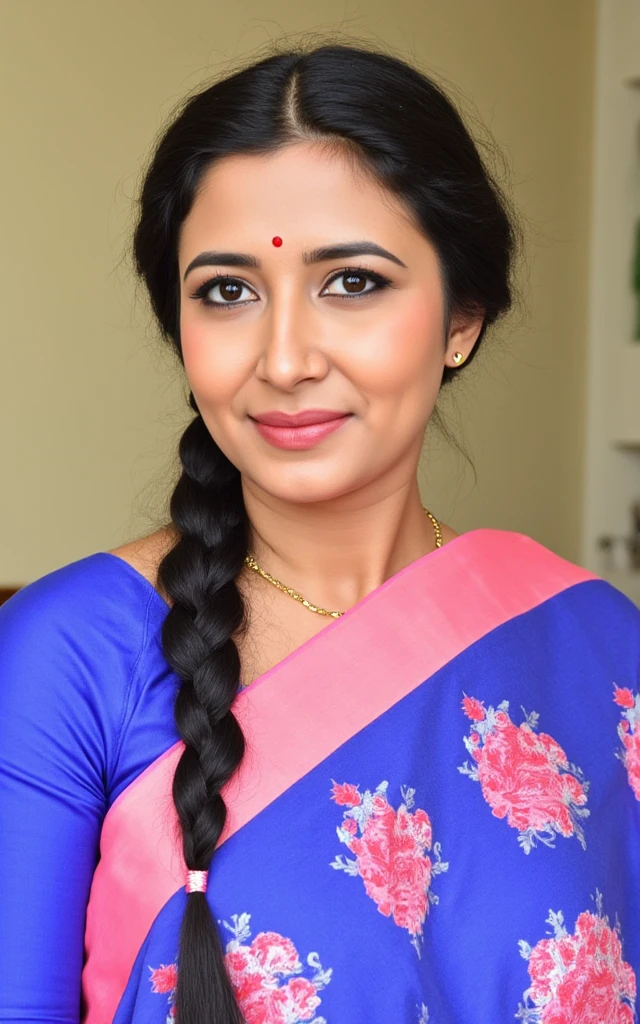 A woman is wearing a blue and pink sari. There is a gold necklace around her neck. The woman has long black hair that is in a braid. 