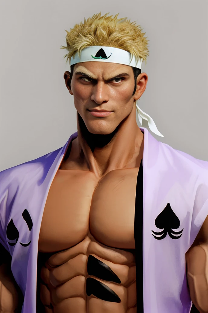 absurdres, portrait, (upper body:1.1), muscular male, simple background, facing viewer, headband, <lora:KuroMomotaroYYH:0.85>, kuromomotaro, open clothes, brown eyes