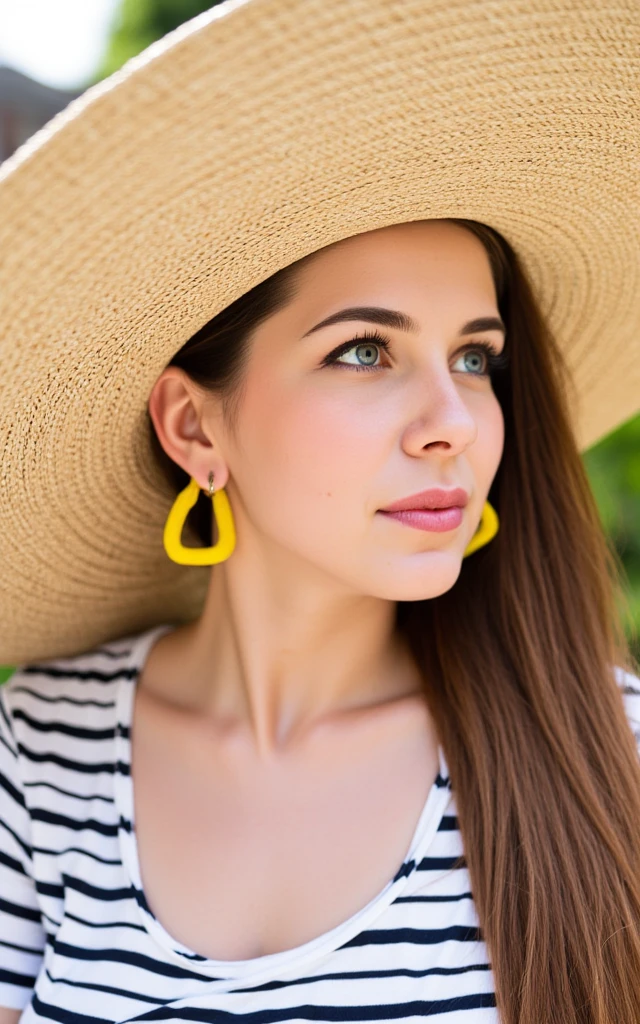 A woman is wearing a large straw hat. She has long brown hair and is wearing large yellow earrings. There is a striped shirt under the hat. The woman has blue eyes and is looking off to the side.