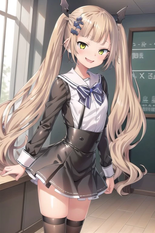 ((masterpiece)),(best quality),official art,extremely delicate and beautiful,extremely detailed CG,unity 8k wallpaper,ultra detailed,beautiful detailed eyes,extremely detailed face,1girl,solo,cowboy shot,looking at viewer,facing viewer, blush, smile, (petite:1.2),Himari Azuma,very long hair,blonde hair,twintails,hair ornament,hair bow,black bow,sidelocks,blunt bangs,yellow eyes,green eyes, heterochromia, indoors, school background, 
school uniform,white sailor collar,black bowtie,white shirt,long sleeves,small breasts,animal bag,miniskirt,black skirt,suspender skirt,frilled skirt,black socks,shoes,black footwear,<lora:Himari Azuma(sdg2):0.85>,