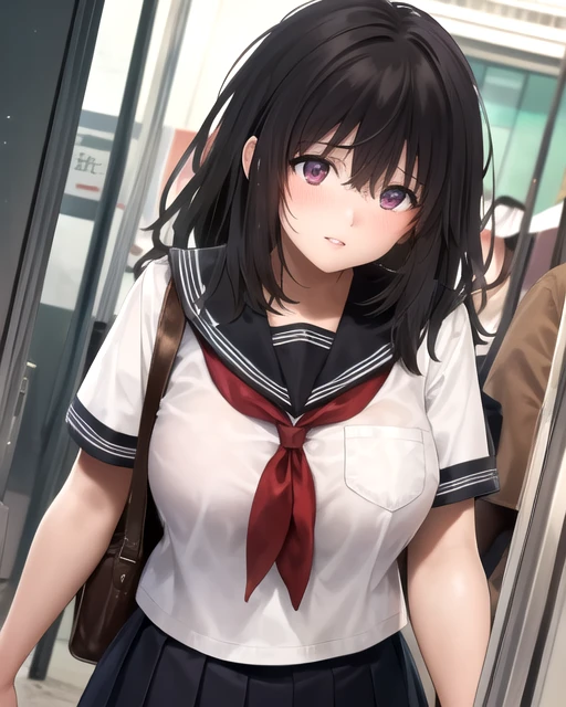 (masterpiece,best quality),reizei,1girl, dutch angle,parted lips, large breasts, shiny skin,,depth of field, light particles, ,shiny clothes, <lora:reizei:1>,black hair, serafuku, pleated skirt, school uniform, street,