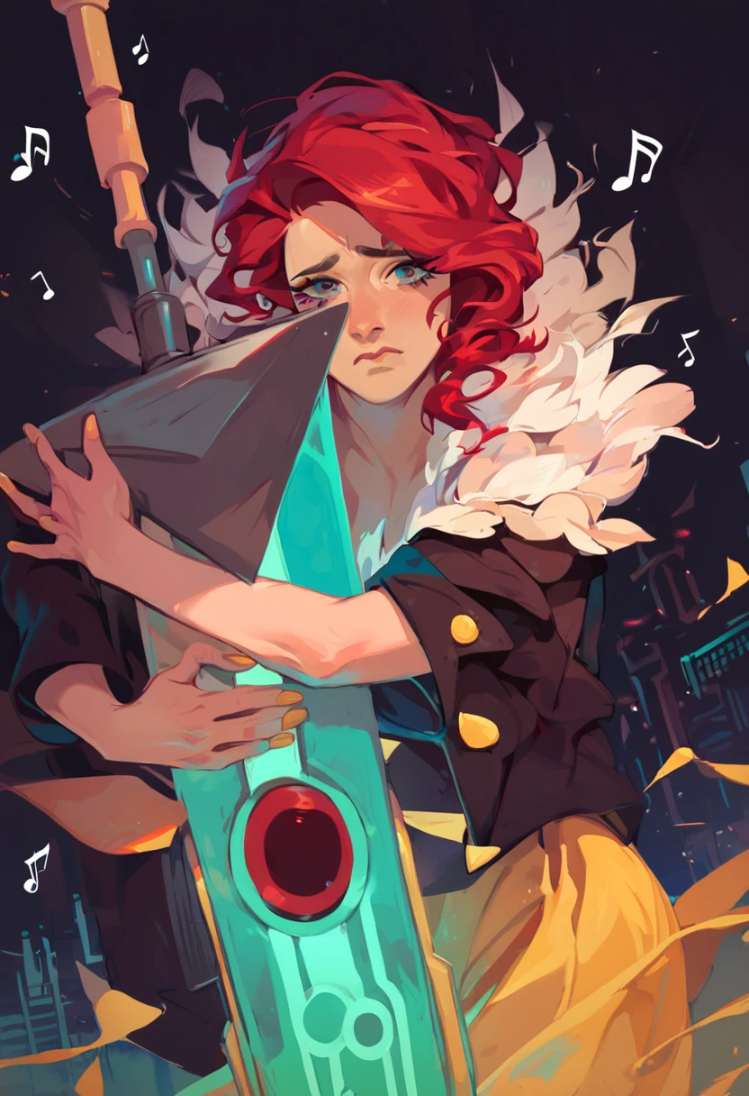 score_9, score_8_up, score_7_up, best quality, highres, Red, transistor, 1girl, sword, hug, dress, jacket, dark background, city, looking at viewer, sad, music notes, closed mouth, <lora:Red_Transistor:1>