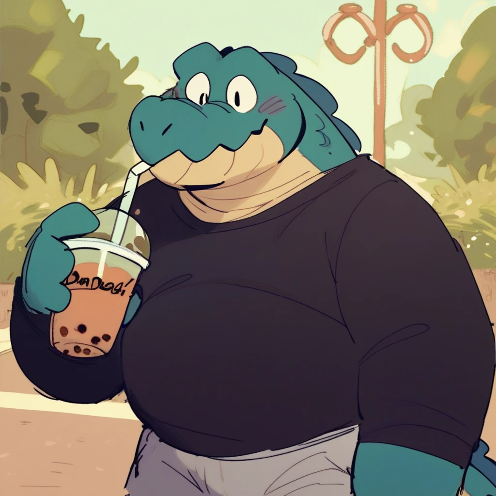 score_9_up, score_8_up, score_7_up, source_furry, Duncan, anthropomorphic crocodile, crocodile, dark teal color, dark teal body, bigger build, furry male, furry, 1boy, solo, black sweater, gray shorts, holding, bubble tea, in park, park