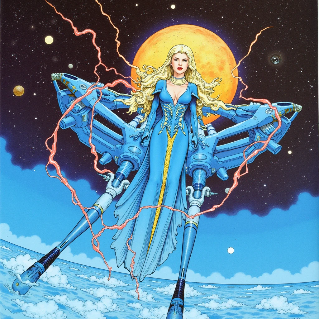 In style of Moebius. Beautiful female goddess with blonde hair floating above ocean.  She has red thunders around her body. She wears a long blue dress which covers her whole body. Huge biomechanical spaceship with eye up in the skies.
