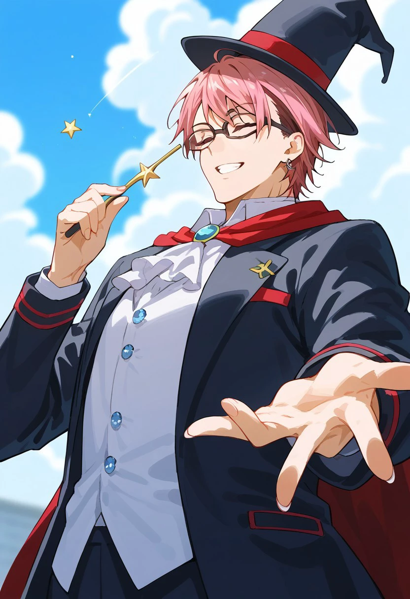 score_9, score_8_up, score_7_up, source_anime, rating_safe, holding wand, KojiroSNS, dark grey Kojiro glasses, grey Kojiro earring, magician hat, (reddish pink Kojiro hair), closed eyes, 1boy, male focus, cape, shirt, ascot, Magician of the culinary world, spread arms, smile, teeth, hands with five fingers, outdoor blurry sky, from below, cute wallpaper, happy-cheery,