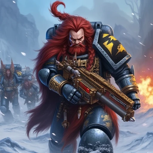 a space wolf marine with a bolter in his hand, red hair, beard, braids, dramatic action pose, battlefield, snow, ice, explosions, fire