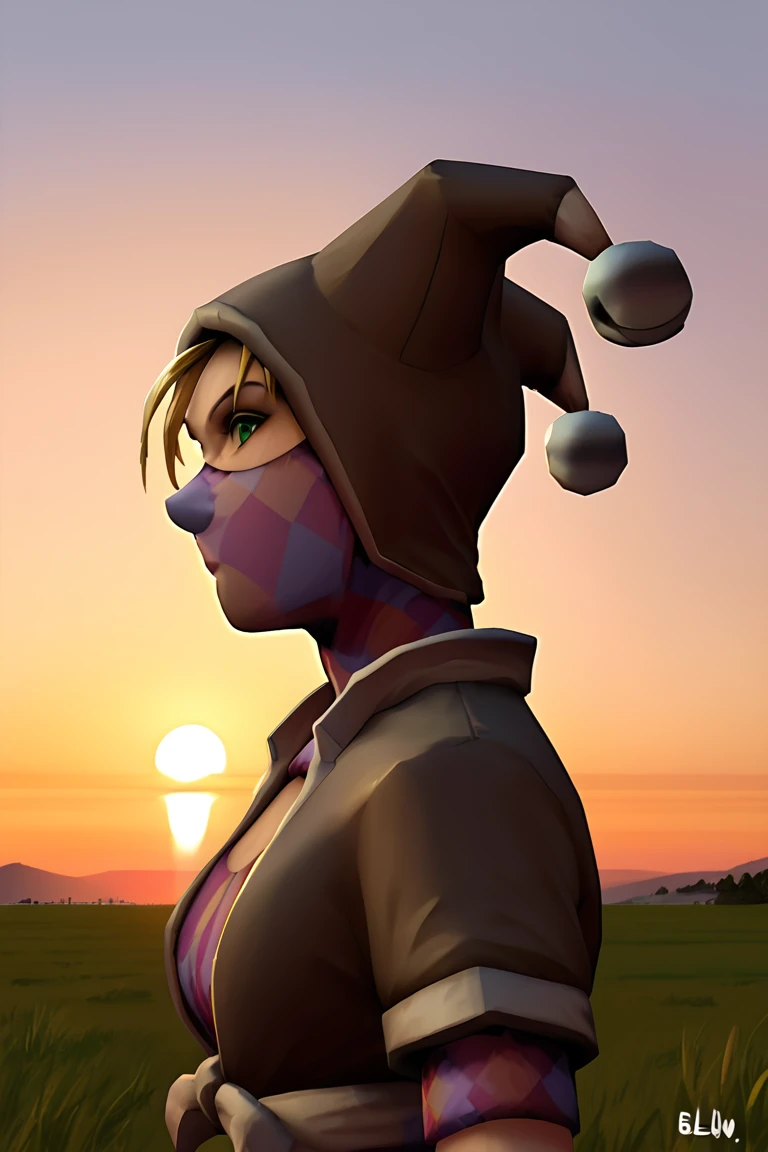 score_9, score_8_up, score_7_up, timeviola, 1girl, blonde hair, cleavage cutout, green eyes, mask, bodysuit, bgloves, jester cap, hood, hooded_bodysuit, jacket, checkered clothes, checkered bodysuit, (sunset, dark, portrait, side view, dynamic pose, from bellow, from behid, dutch agle, short sleeves, dim light, looking at viewer:1.4)