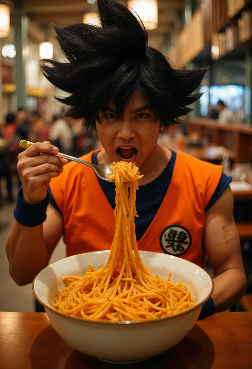 Goku eating a big bowl of spaghetti in a restaurant <lora:Characters - Goku (goku):1>,goku