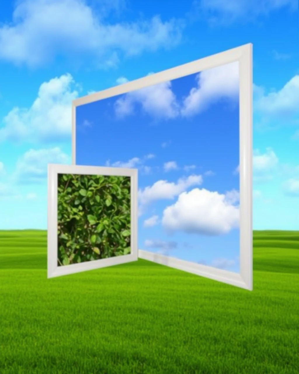 WRDCR photo, surreal outdoor scene, green grass field, blue sky with wispy clouds, large rectangular mirror or window frame floating in air, smaller rectangular frame or doorway in foreground, leafy green bush or hedge visible through smaller frame, unusual juxtaposition of natural and artificial elements, dreamlike, fantastical