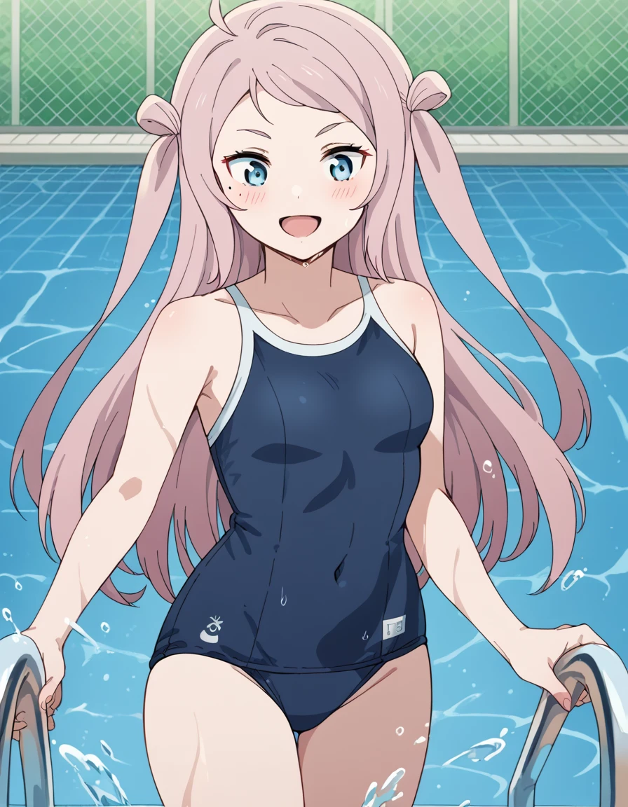 score_9, score_8_up, score_7_up, source_anime, <lora:lanzhu-zhong-s2-ponyxl-lora-nochekaiser:1>, lanzhu zhong, long hair, bangs, blue eyes, pink hair, ahoge, sidelocks, mole, two side up, mole under eye,, <lora:competition-school-swimsuit-ponyxl-lora-nochekaiser:1>, competition school swimsuit, school swimsuit, trace swimsuit, blue one-piece swimsuit, one-piece swimsuit, swimsuit, wet swimsuit, single vertical stripe, covered navel,, poolside, pool, splashing, smile, open mouth, blush, , cowboy shot, dutch angle