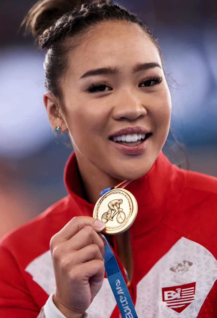 Photorealism Sports Photography masterpiece, high detail,Portrait of Sunisa Lee woman, olimedbitepxl, gold medal in hand, biting medal, wearing a red blue and white tracksuit, in stadium, olympic rings in background,  , Sports Photography, often for athletic events, dynamic actions, or competitive moments., Photorealism, often for highly detailed representation, photographic accuracy, or visual illusion.