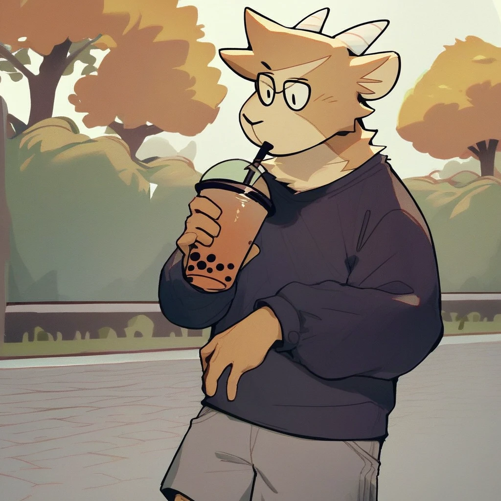 score_9_up, score_8_up, score_7_up, source_furry, Eddie, mountain goat, white coat, brown horns, slender build, furry male, furry, black sweater, gray shorts, holding, bubble tea, in park, park