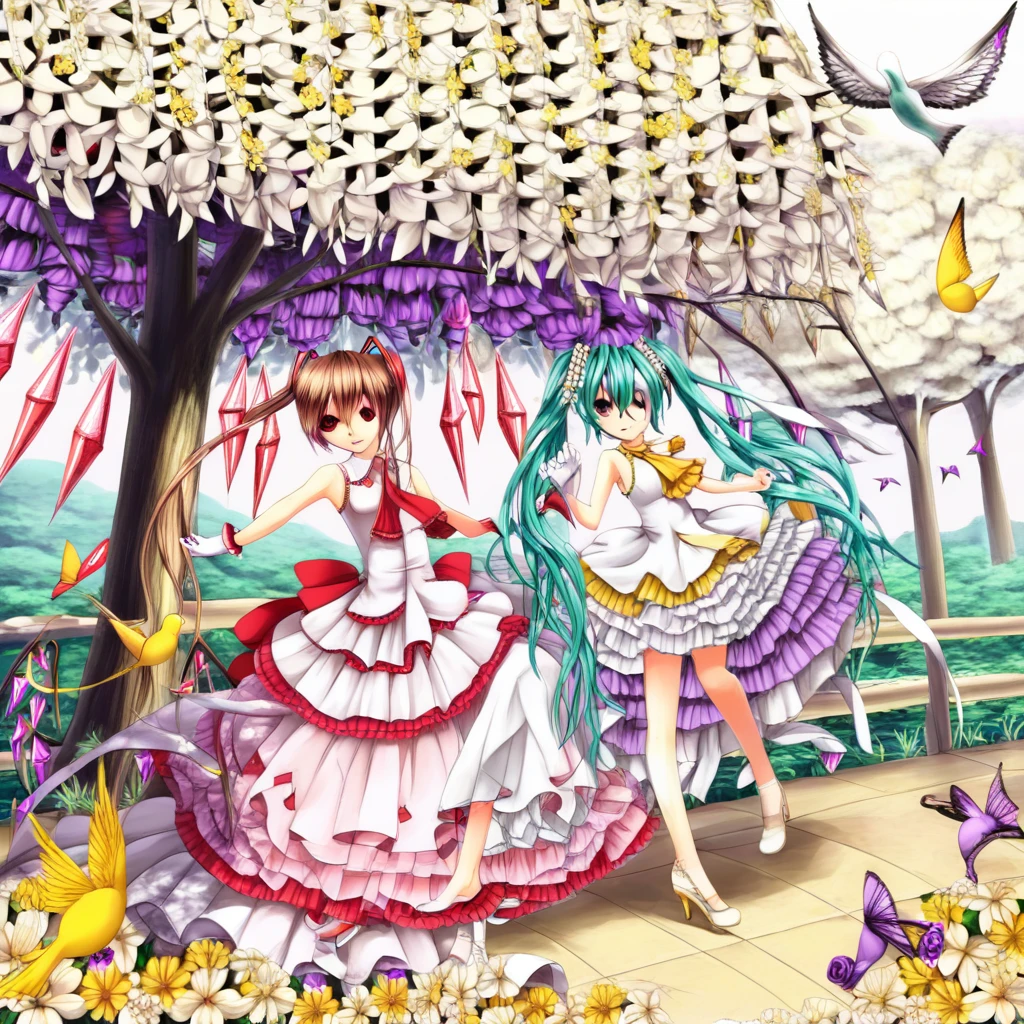wedding dress, hatsune miku, outdoors, aqua hair, white flower, shoes, standing on one leg, butterfly, yellow flower, zettai ryouiki, flandre scarlet, bug, high heels, hair over one eye, purple rose, ascot, on back, wedding, bird, brown hair, ribbon, tree, back, red eyes, white gloves