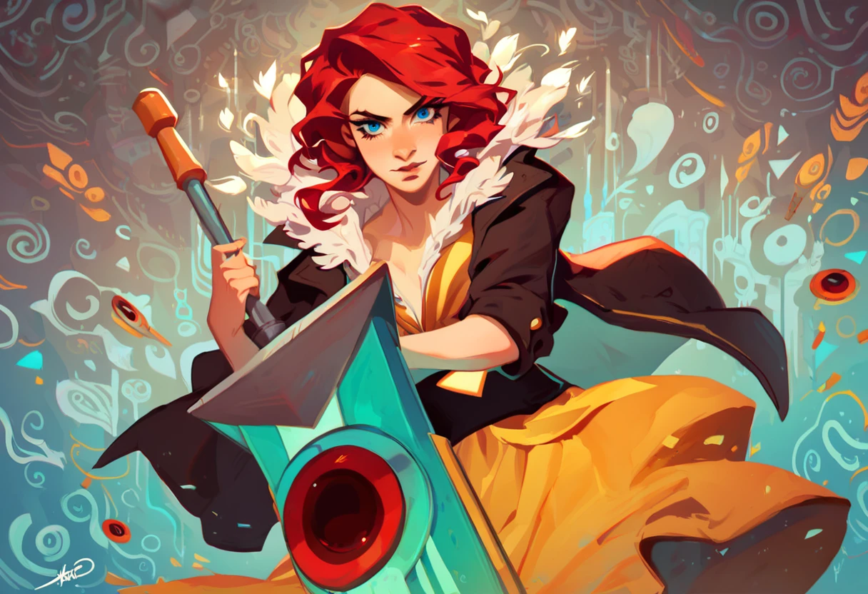 score_9, score_8_up, score_7_up, best quality, highres, Red, transistor, holding weapon, sword, blue eyes, 1girl, dress, jacket, perfecteyes, detailed background, looking at viewer, digital patterns, <lora:Red_Transistor:1>, <lora:PerfectEyesXL:0.8>