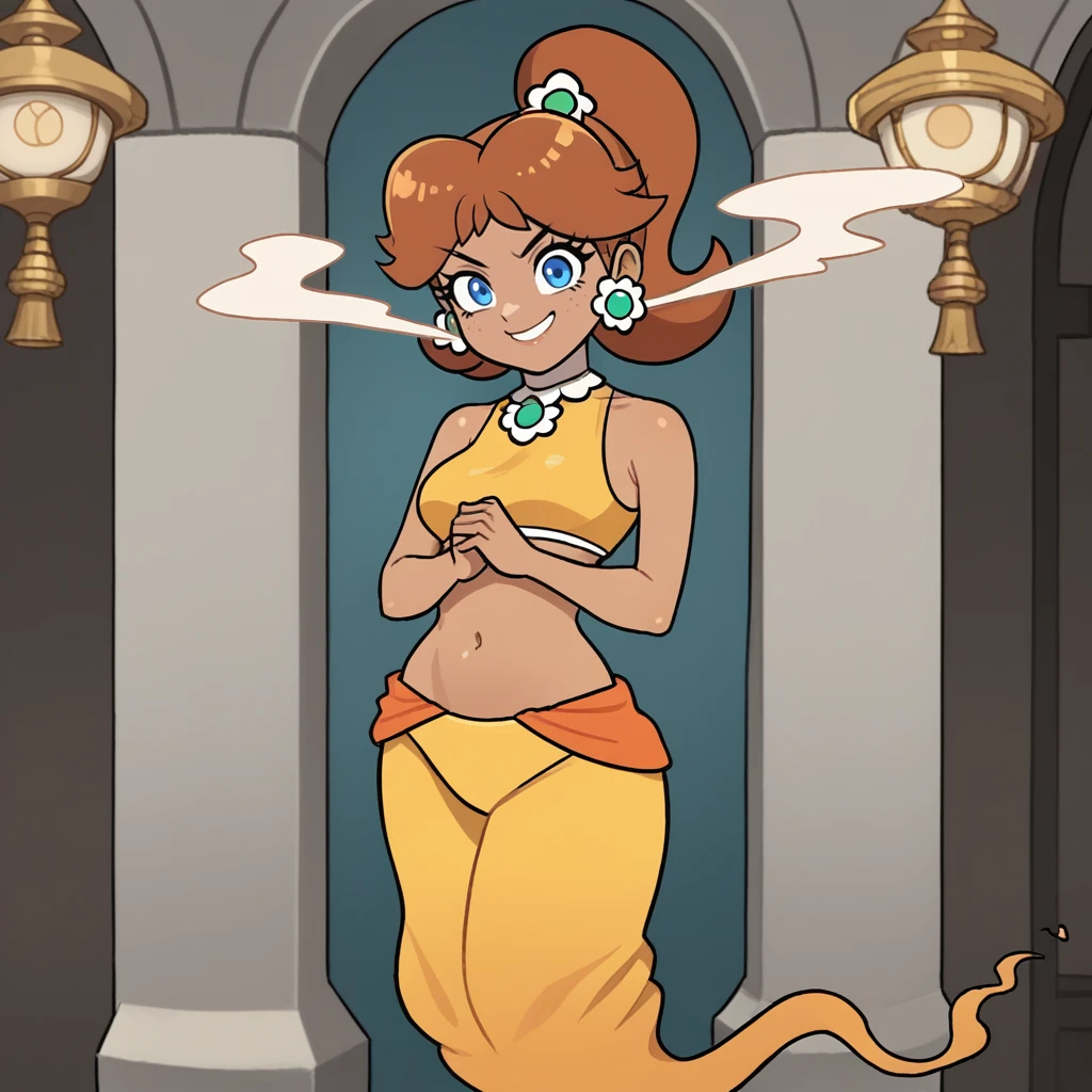 score_9, score_8_up, score_7_up, score_6_up, score_5_up, score_4_up, zPDXL2,source_anime,rating_questionable,1girl, looking at viewer, princess daisy, tanned skin, smirk, indoors, arms folded, <lora:Genie:0.8> g3nie, genie, navel, midriff, smoke, ghost tail, ponytail, lamp