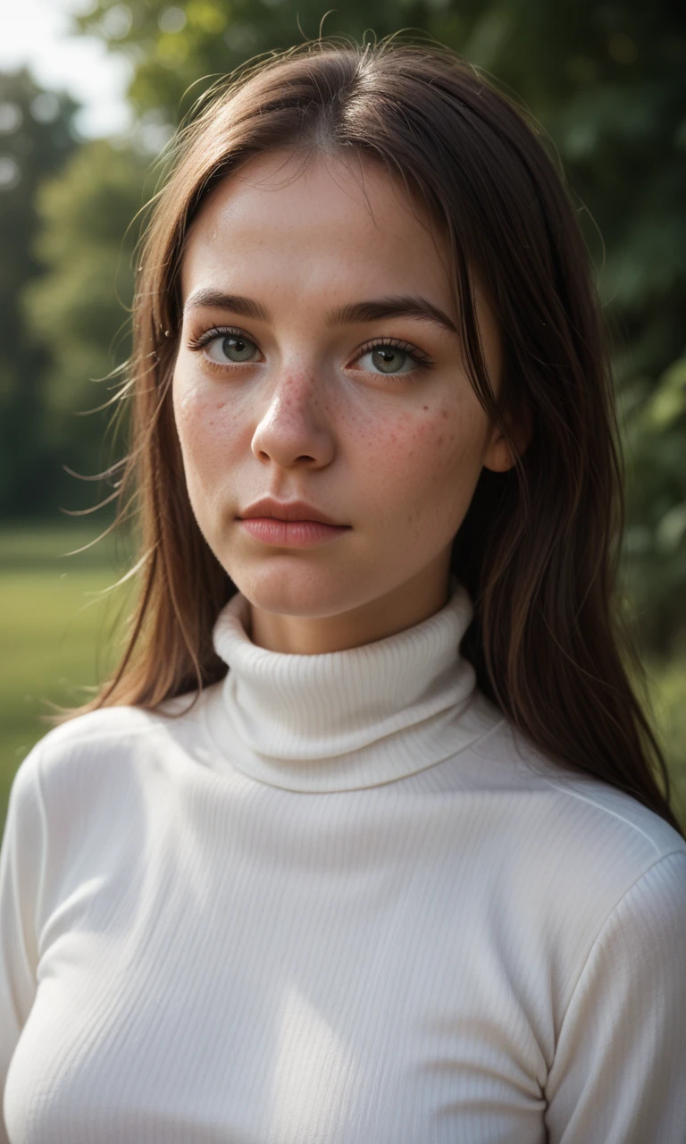 score_9, score_8_up, score_7_up, score_6_up, score_5_up, score_4_up, realistic, photo, dynamic angle, dramatic shadows, raw lighting, detailed face eyes and skin, BREAK, 1girl, (18-years-old)1.1, innocent and alluring, long hair, alternative vibe, beautiful eyes, freckles, medium breasts, white turtleneck shirt, portrait, outdoor, detailed face