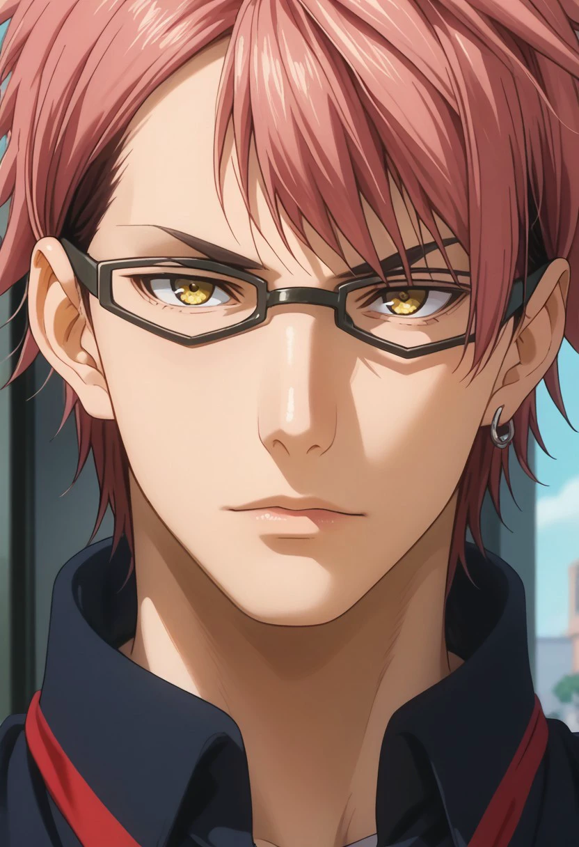 score_9, score_8_up, score_7_up, source_anime, rating_safe, KojiroSNS, dark grey Kojiro glasses, grey Kojiro earring, reddish pink Kojiro hair, brown-yellow Kojiro eyes, 1boy, male focus, anime screencap,