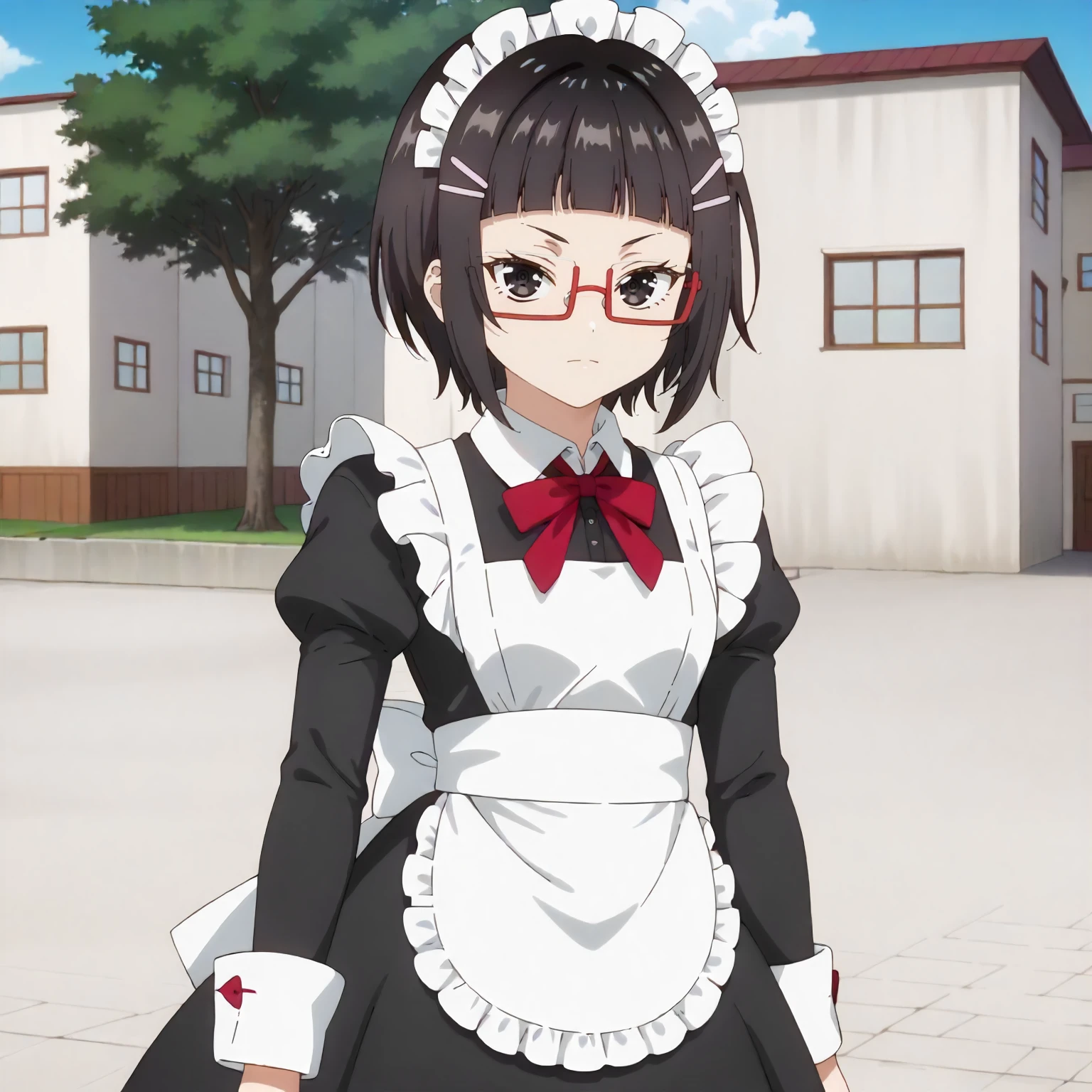 <lora:ASHHFiR_SayakaTaniyamaXLpony004>,
outdoors,
looking at viewer,
solo,
SayakaTaniyama,1girl,black hair,short hair,black eyes,red eyewear,hairclip,
standing,
maid,