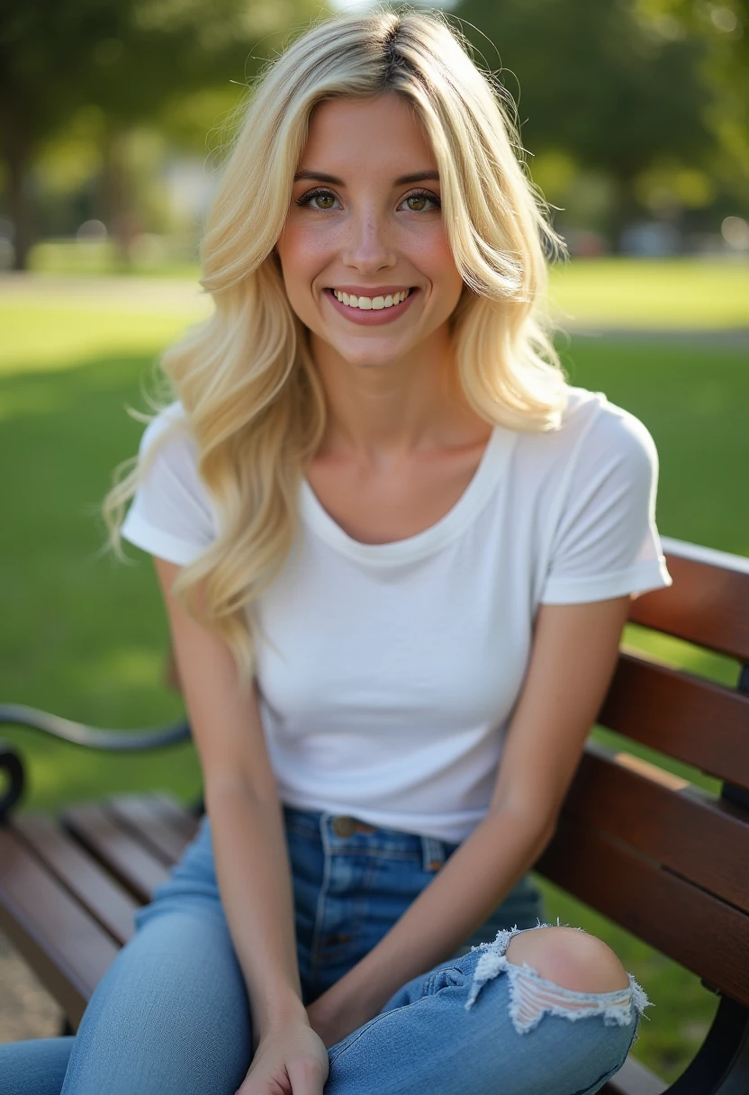 A highly detailed realistic photo of piperperri, young petite blonde woman in a t-shirt and jeans. Sitting on a park bench. headshot, close up on face. Smiling looking at viewer