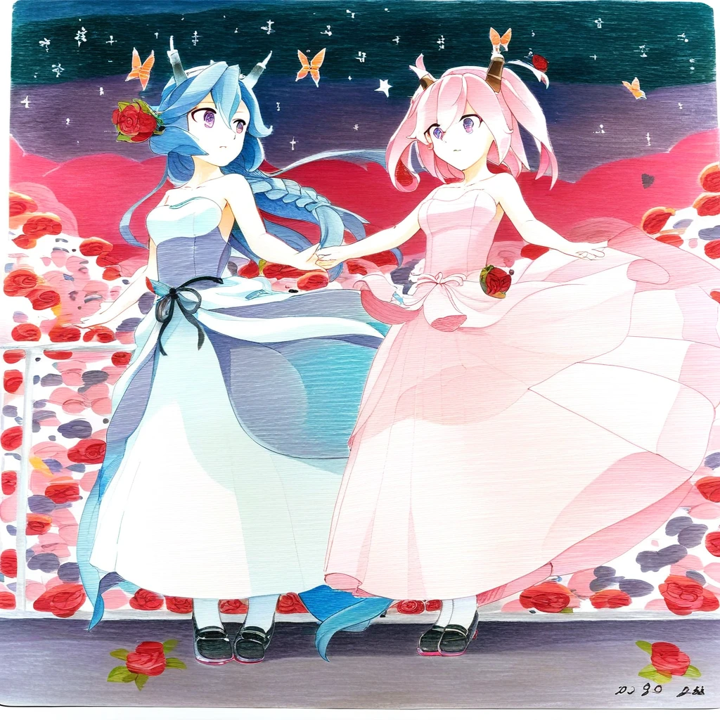 wedding dress, bare back, red rose, zettai ryouiki, fu hua, purple eyes, bug, blue butterfly, black footwear, white pantyhose, outstretched arm, haruna (kancolle), night sky, day, fox girl, traditional media, standing, two side up, braid, hair ribbon, pink theme, horns, star (symbol), medium breasts, full body