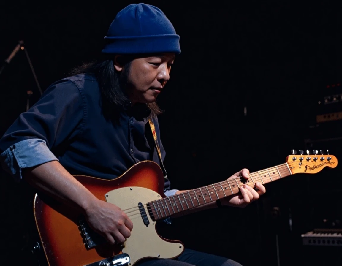 cinematic film still <lora:Tatsuro_Yamashita_FLUX:0.8> Tatsuro Yamashita in a blue knit cap playing a sparkling brown metal flake Fender Telecaster . shallow depth of field, vignette, highly detailed, high budget, bokeh, cinemascope, moody, epic, gorgeous, film grain, grainy