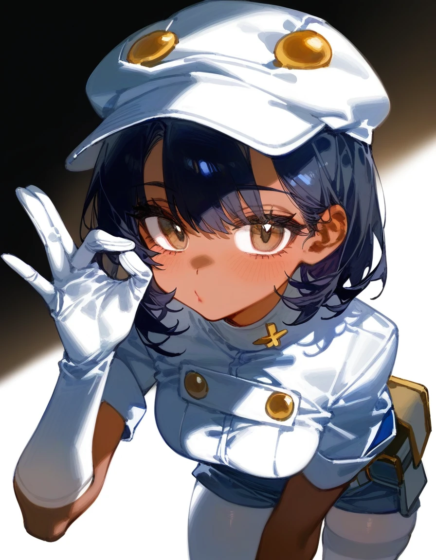 (by quasarcake:0.2),
1girl,solo,aether_foundation_employee,hat,short hair,dark skin,dark-skinned female,black hair,jumpsuit,gloves,white headwear,white gloves,short sleeves,white pantyhose,brown eyes,looking at viewer,fellatio gesture,nsfw,
masterpiece,best quality,newest,very aesthetic,absurdres,<lora:aetherfm-000001:1>,