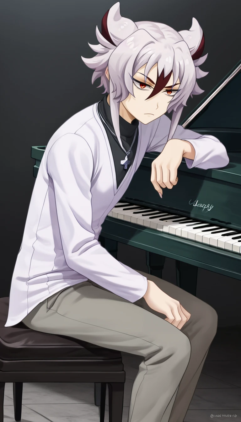 rating_safe, embedding:zPDXL2,  looking_at_viewer,1boy,kyoya gaen,black turtleneck,cross necklace,white v-neck shirt,grey pants,playing instrument,piano,instrument,sitting,