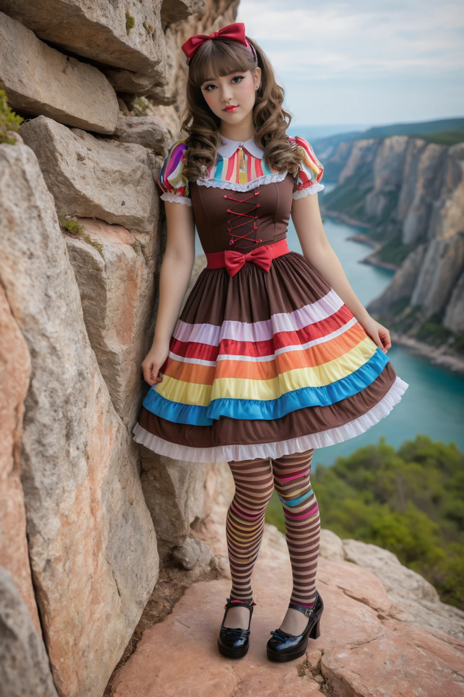 (full body photograph) of young woman, wearing an over the top candy and chocolate themed sweetegl dress, striped tights, candy themed mary jane heels, highly detailed, (rock climbing a cliff) <lora:sweetlolitaXLv5.1:0.8>