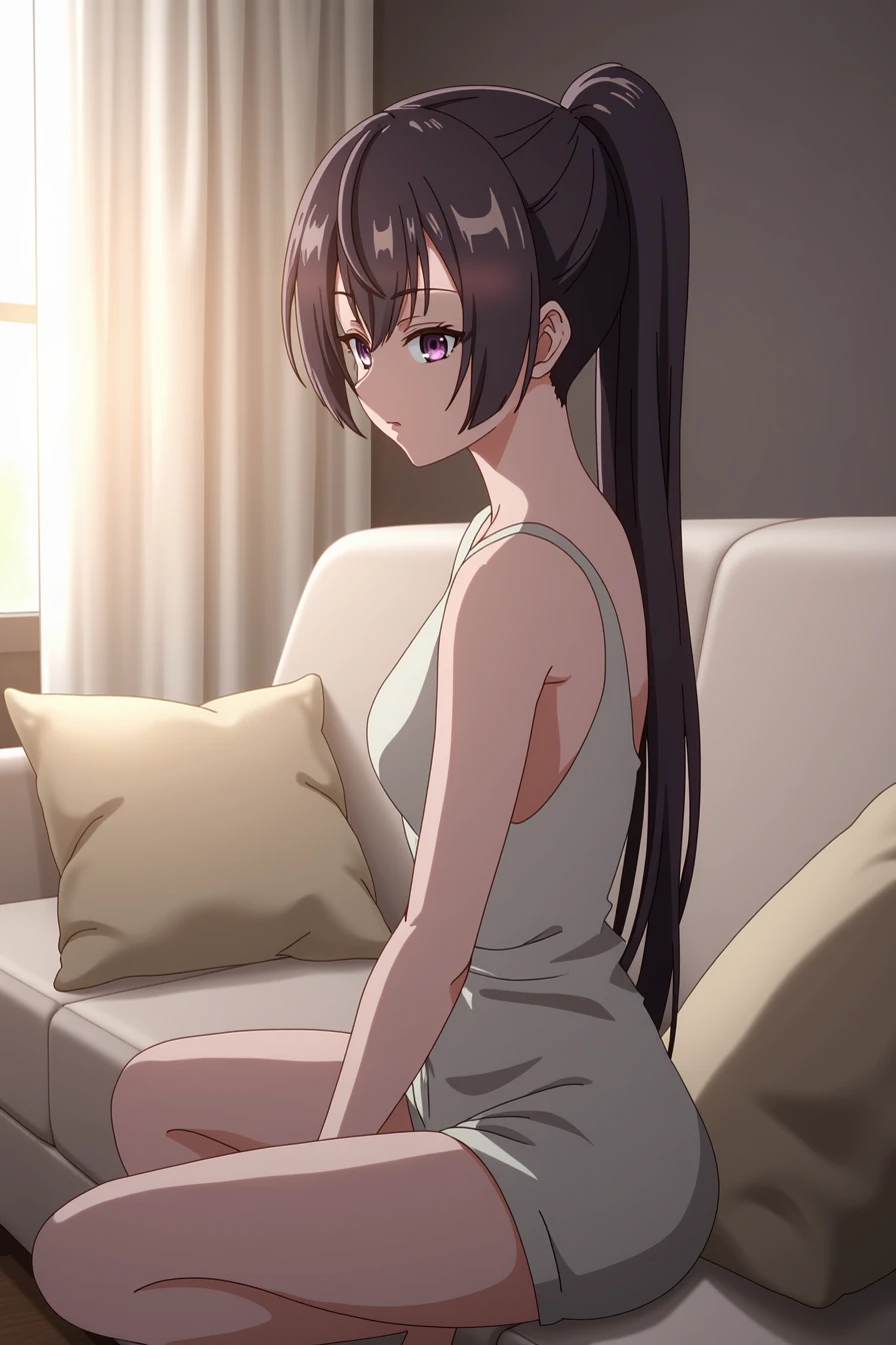 suouyuki_imoto, purple eyes, black hair, long hair, ponytail,
suouyuki_imoto is seated gracefully on a plush sofa, exuding an aura of quiet elegance. Her mesmerizing purple eyes, deep and captivating, reflect a calm intensity as they gaze softly into the distance. Her long, jet-black hair is meticulously tied into a sleek ponytail that drapes over her shoulder, the strands shimmering with a subtle sheen as they catch the soft, ambient light of the room.
She wears a simple yet chic outfit that perfectly complements her refined appearance, the fabric draping effortlessly over her slender frame. The sofa she sits on is deep and inviting, upholstered in a soft, neutral fabric that adds to the warmth of the scene. The cushions around her are plush, adding a cozy touch to the modern, minimalist living room.
The environment is serene, with warm, diffused lighting casting a gentle glow throughout the space. The light filters through the room, creating soft shadows that enhance the tranquility and comfort of the setting. The overall atmosphere is peaceful, with a sense of stillness that invites quiet contemplation, perfectly mirroring suouyuki_imoto's composed and elegant demeanor.
