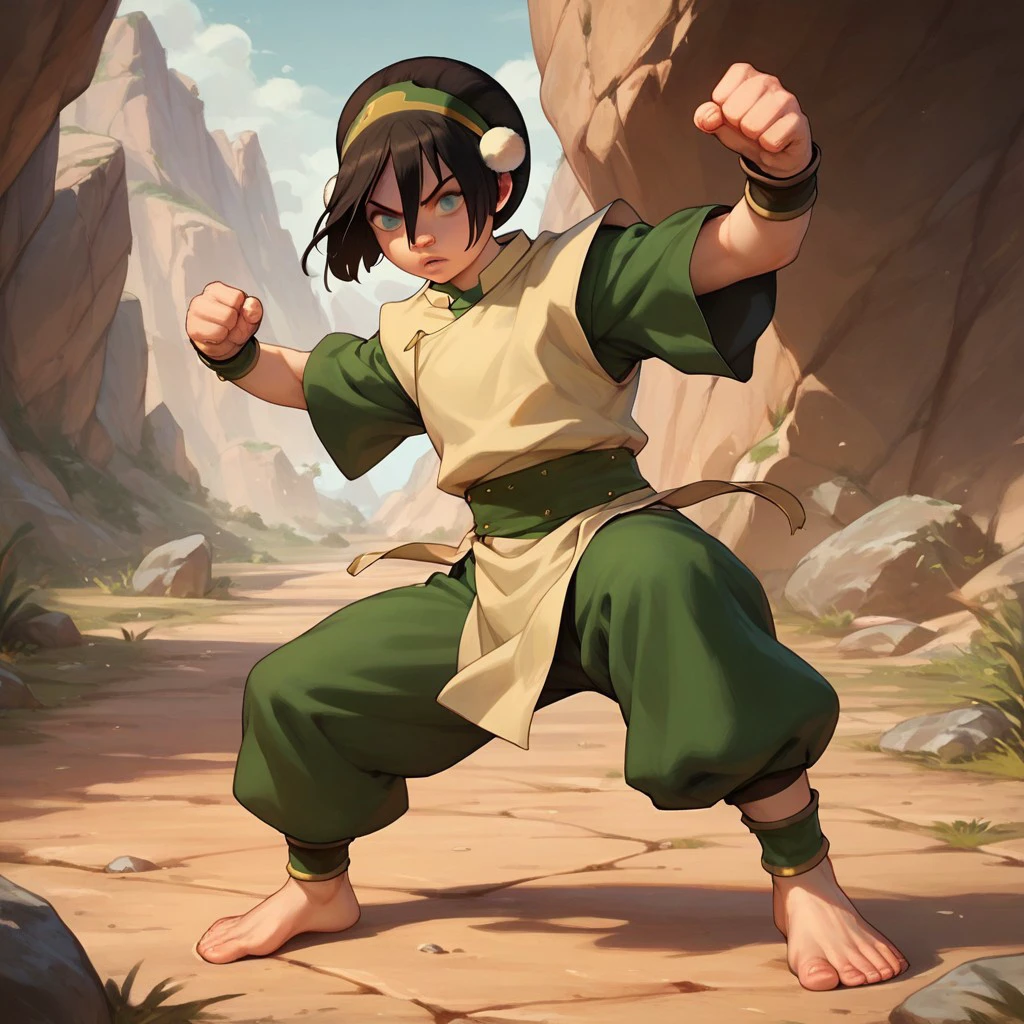 score_9, score_8_up, score_7_up, score_6_up, score_5_up, score_4_up, 1girl, Tophb, blind, rocky terrain, fighting stance, barefoot, earth bending