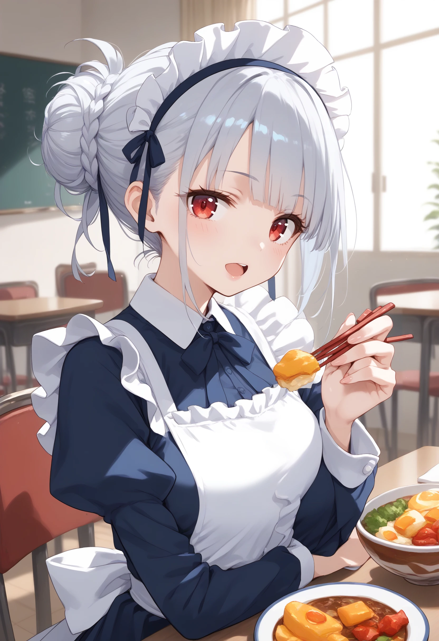 score_9, score_8_up, score_7_up, source_anime,
1girl,solo,medium breasts, maid, maid headdress,
feeding, food, open mouth, incoming food, looking at viewer, holding chopsticks, bento, tamagoyaki,tako-san wiener ,<lora:feeding_Pony_v1:0.8>
from side, fisheye lens, silver hair, red eyes,guilt, university, hair bun hair,,