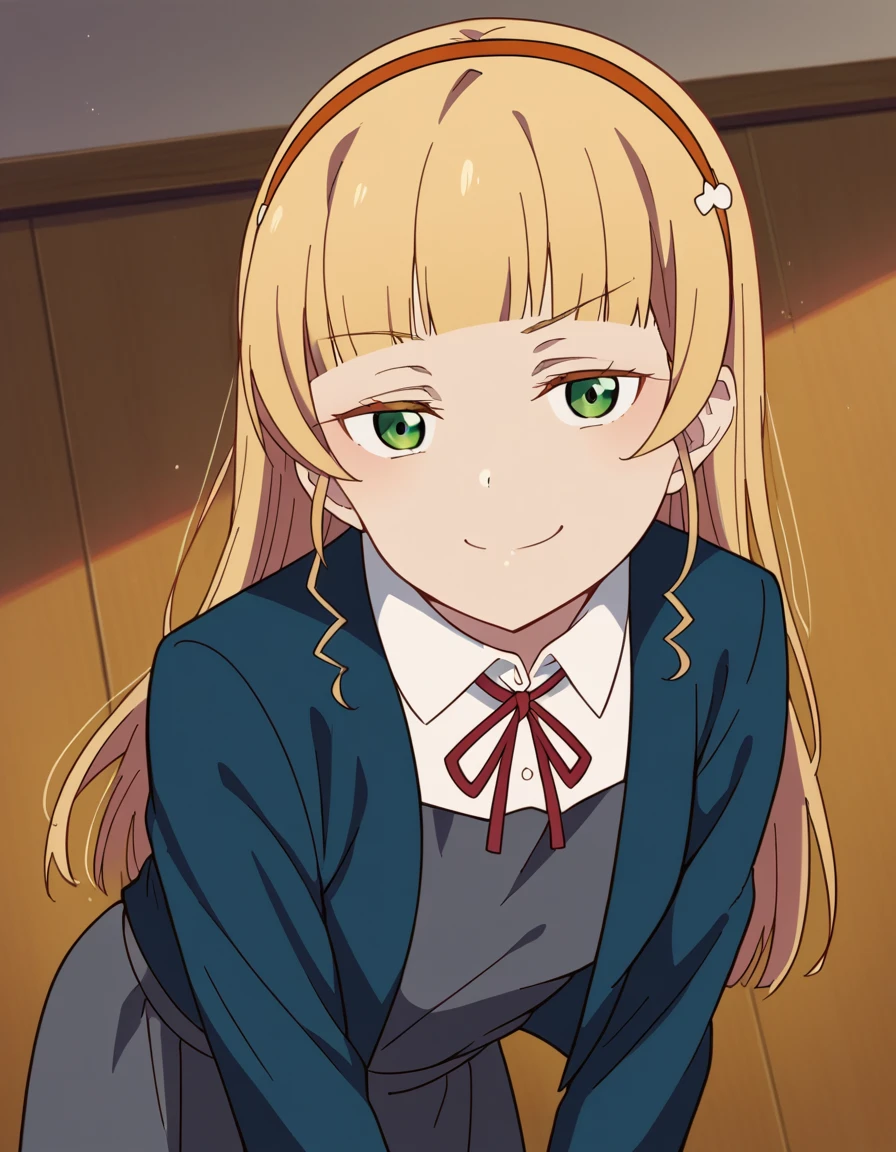 score_9, score_8_up, score_7_up, source_anime, <lora:sumire-heanna-s2-ponyxl-lora-nochekaiser:1>, sumire heanna, long hair, bangs, blonde hair, green eyes, hairband, blunt bangs, orange hairband,, shirt, dress, ribbon, school uniform, jacket, white shirt, open clothes, collared shirt, open jacket, red ribbon, neck ribbon, blue jacket, pinafore dress, grey dress, yuigaoka school uniform,, indoors, bent over, smile, smug, looking at viewer, solo,, cowboy shot, dutch angle