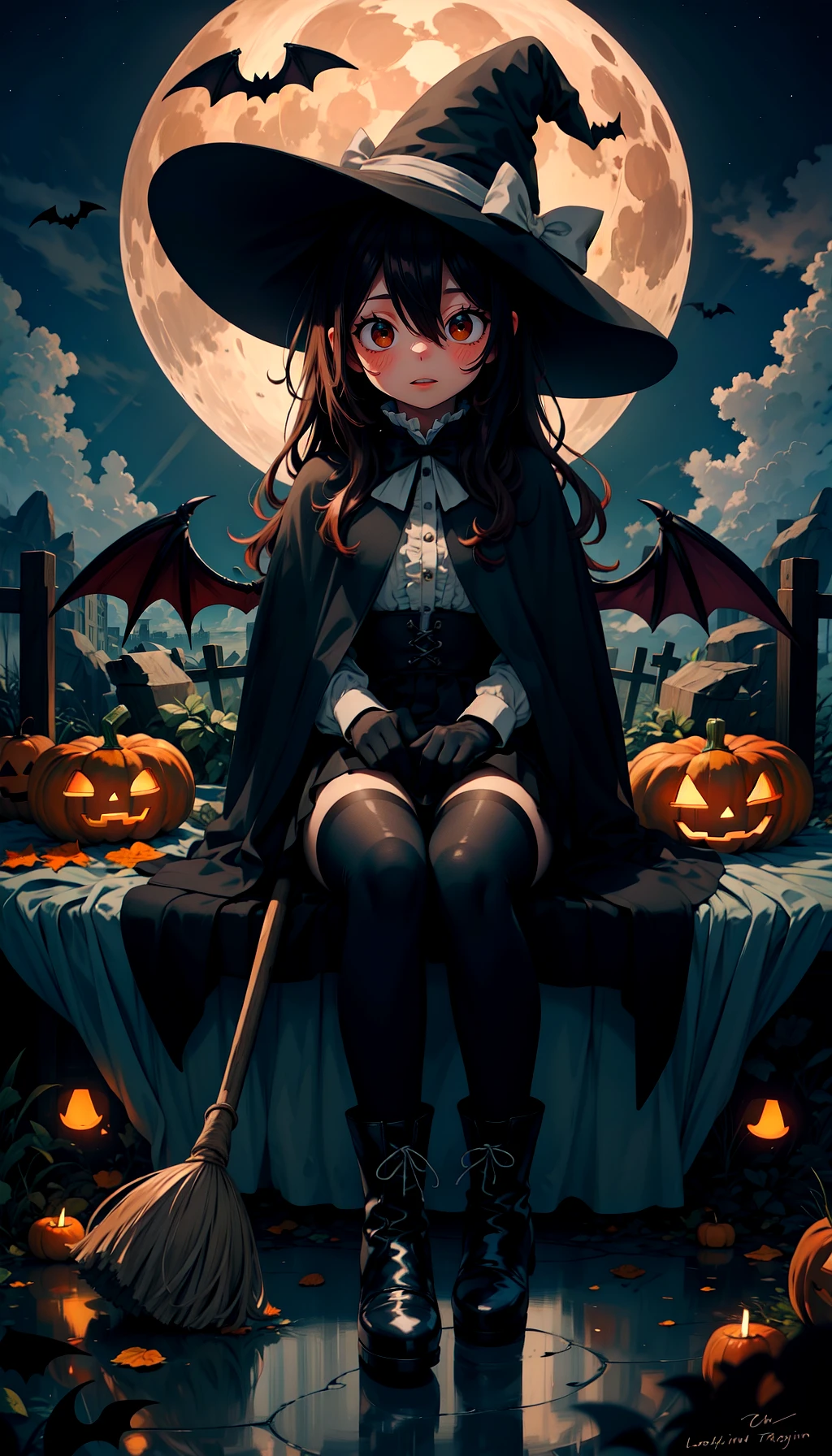 masterpiece, best quality, ultra-detailed, cinematic,wide shot,
bat,broom,broom riding,full moon,halloween,hat,moon,witch hat,jack-o'-lantern,witch,crescent moon,star \(symbol\),1girl,halloween costume,pumpkin,black headwear,bat wings,night,thighhighs,solo,brown hair,bat hair ornament,happy halloween,boots,long hair,ghost,flying,cape,black footwear,holding broom,demon tail,looking at viewer,night sky,wings,black capelet,sidesaddle,black cape,brown eyes,tombstone,blush,black wings,candy,crescent,demon wings,black legwear,sky,shoes,hair between eyes,bangs,castle,eyebrows visible through hair,sitting,graveyard,silk,long sleeves,skirt,parted lips,star \(sky\),black cat,pumpkin hat,full body,hat bow,star hat ornament,black skirt,hat ornament,spider web,cloud,knees up,mini wings,holding,starry sky,grave,cat,knees together feet apart,halloween bucket,black cloak,pleated skirt,red moon,pumpkin hair ornament,animal,detached wings,lantern,spider web print,thighs,dress,gloves,closed mouth,capelet,frills,brown wings,dated,ankle boots,black dress,hexagram,star print,lace-up boots,signature,trick or treat,bare tree,bat print